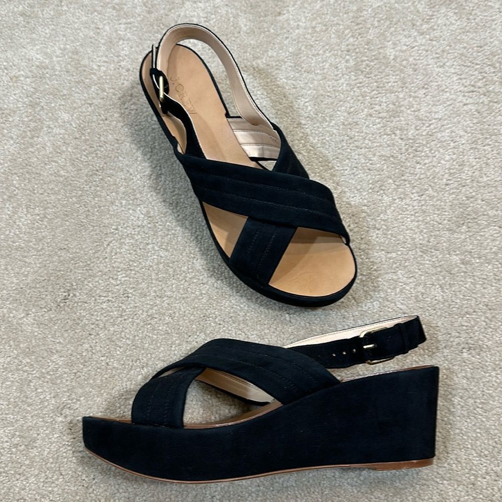 J Crew Black Marcie Sandals Black Suede Criss Cross Platform Wedge Slingback 9.5